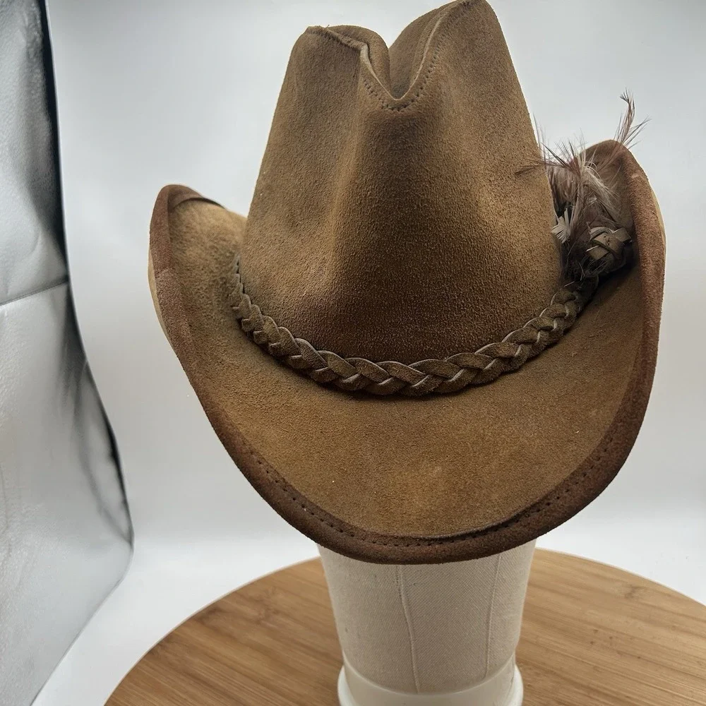 VTG  Leather Suede Mens Western SAVOY Hat With Feather Accent Size Medium 6 5/8